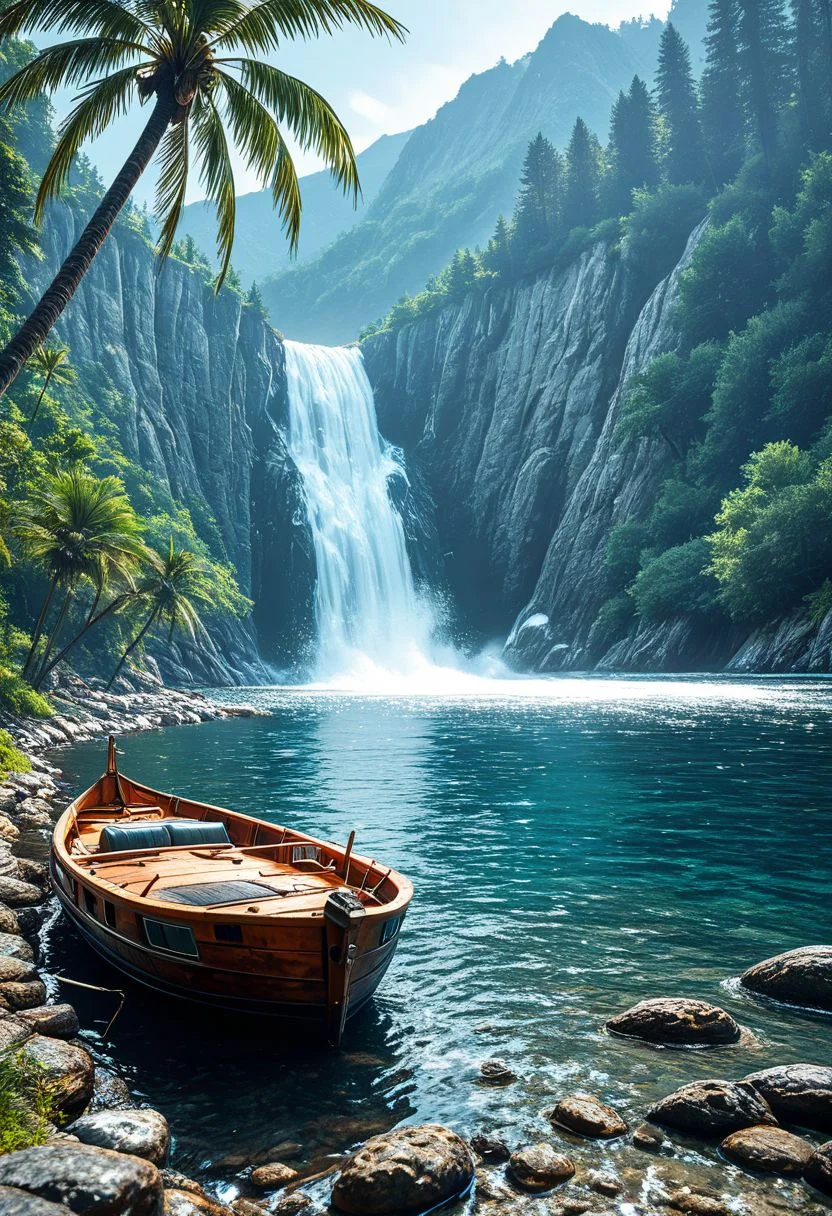 SmoothNoob_Quality, no humans, lake, boat, caustics, day, dock, forest, horizon, island, landscape,nature, outdoors, palm tree, scenery, shallow water, shore, tree, water, watercraft, waterfall, waves, <lora:Smooth_Booster:0.5>​​​