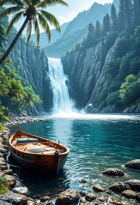 SmoothNoob_Quality, no humans, lake, boat, caustics, day, dock, forest, horizon, island, landscape,nature, outdoors, palm tree, scenery, shallow water, shore, tree, water, watercraft, waterfall, waves, <lora:Smooth_Booster:0.5>āāā