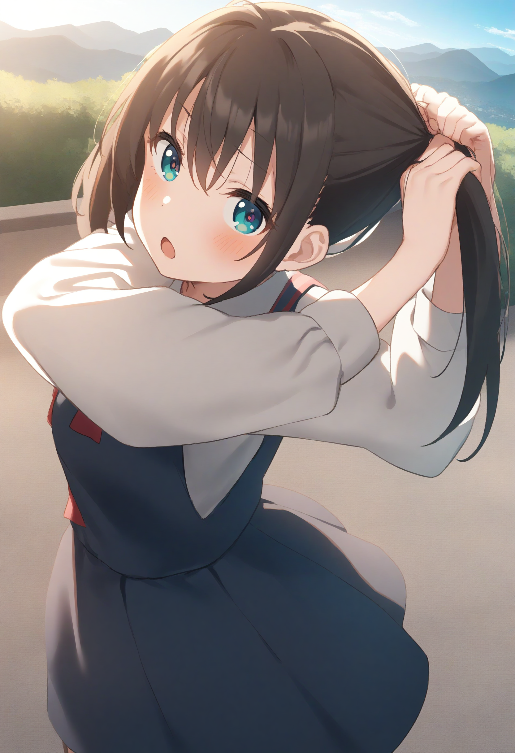 1girl,sincos, ningen mame, toosaka asagi,solo,medium breasts,school uniform,
tying hair,twintails,<lora:tyinghairtwintails_XL_v1:0.8>
from behind, cinematic angle, looking up, brown hair, aqua eyes,blush, mountains, open mouth,
best quality, very aesthetic, absurdres