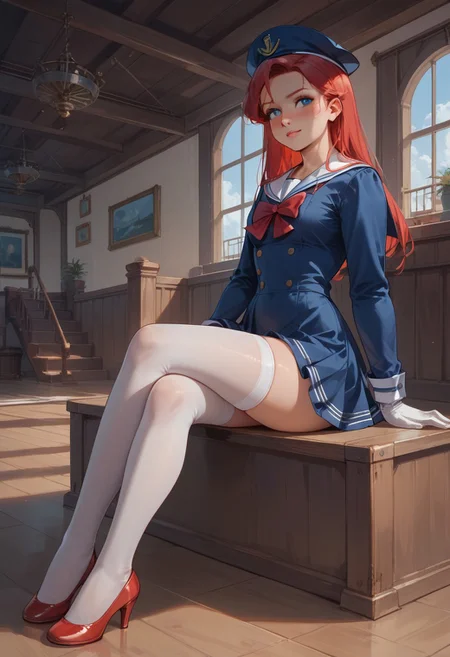 score_9, score_8_up, score_7_up, source_cartoon, angled view, solo, 1girl, ArielWaifu, long red hair, blushing, indoors, Jed-Salr, Navy Blue Mini Dress, White Trim, White Sailor Collar, Nautical Stripes, White Thigh-High Stockings, Red Heels, Sailor Hat, White Gloves, Sailor Cuffs, White Petticoat, sitting, legs crossed, inside of wooden ship,