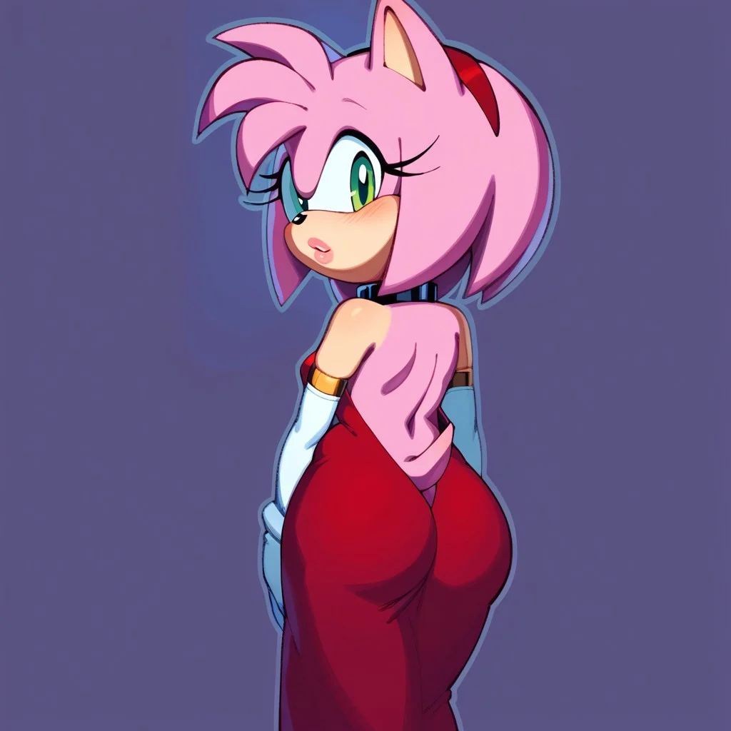 core_9, score_8_up, score_7_up, score_6_up, masterpiece, best quality, high quality, detailed, female, perfect anatomy, detailed skin, cute face, cute lips, detailed eyes, shaded, amy_rose, small breasts, thighs, big ass, plunging neckline, side slit, red dress, collar, pelvic curtain, white evening gloves, night club, looking at viewer, blushing, rear view, ng_deepnegative_v1_75t, easynegative