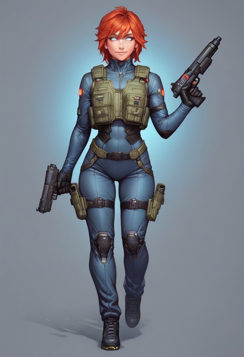 ((1girl, cute face, dynamic pose,
Glowing aura surrounding a futuristic character like the Nomad, clad in a futuristic detailed brown suit handmade, (((futuristic army vest armor))) patches on suit, redhead, long bangs,holographic blue light streaks, full face gasmask, (big shining white eyes without pupils:1.5), dynamic pose)), coy smile
BREAK 
((((full closed)))), (((big futuristic gun in hands, sci-fi gun in hands)))
score_9, score_8_up, score_7_up, score_6_up, source_cartoon, rating_explicit, Expressiveh, (((((full body))))), dynamic pose, (in wastelands, sandstorm:1.3)