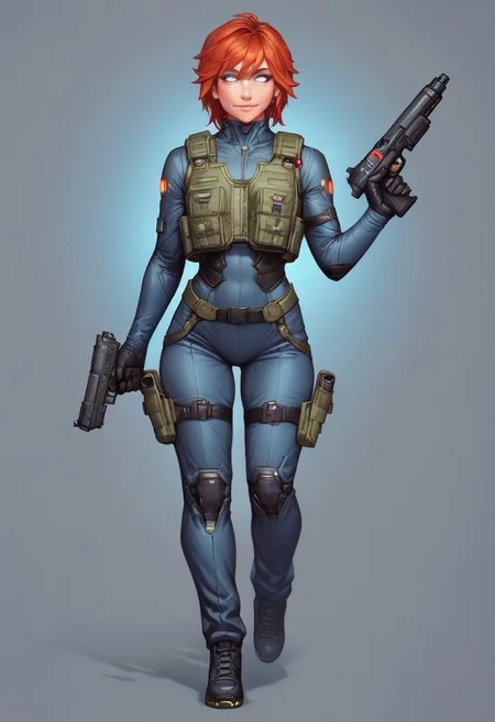 ((1girl, cute face, dynamic pose,
Glowing aura surrounding a futuristic character like the Nomad, clad in a futuristic detailed brown suit handmade, (((futuristic army vest armor))) patches on suit, redhead, long bangs,holographic blue light streaks, full face gasmask, (big shining white eyes without pupils:1.5), dynamic pose)), coy smile
BREAK
((((full closed)))), (((big futuristic gun in hands, sci-fi gun in hands)))
score_9, score_8_up, score_7_up, score_6_up, source_cartoon, rating_explicit, Expressiveh, (((((full body))))), dynamic pose, (in wastelands, sandstorm:1.3)