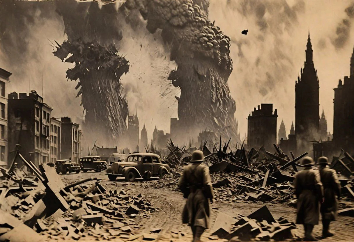 Godzilla, B&W 35mm vintage photo, WW2 picture, destroyed city backdrop,