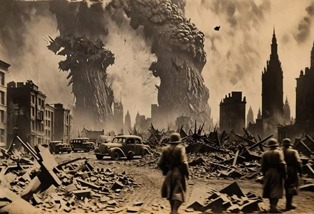 Godzilla, B&W 35mm vintage photo, WW2 picture, destroyed city backdrop,