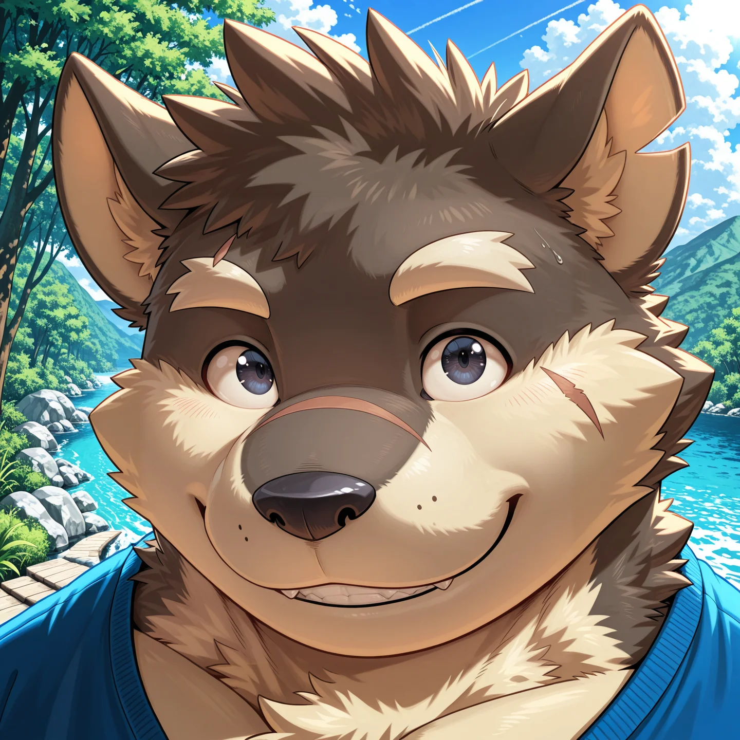 solo, anthro, male, solo, moritaka, smile, portrait, smile, face focus, dark eyes,
BREAK masterpiece, best quality, amazing quality, very aesthetic, high resolution, ultra-detailed, absurd res, newest, scenery, <lora:moritakaIL:1>