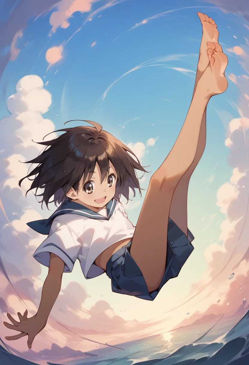 score_9, score_8_up, score_7_up, best quality, masterpiece, source_anime, zPDXL2, BREAK , 1girl, solo, sekiuchi maria tarou, serafuku, barefoot ,dark skin, Leaning back, mimicking a limbo dance , <lora:sekiuchi_maria_tarou:1>