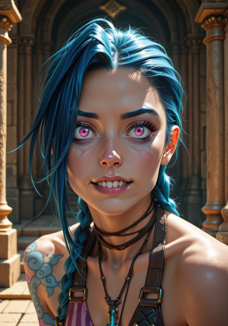 embedding:IllusP0s, realistic, close-up, jinx_\(league of legends\), jewish temple background, 1girl, solo,<lora:realistic.safetensors:1.0:1.0>