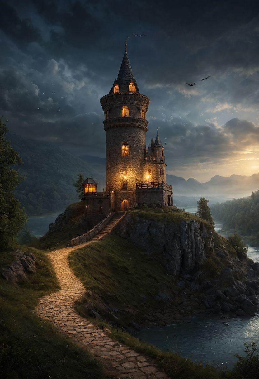 ethereal fantasy concept art of  ,  medieval lighted lookout tower in fantasy style on a hill next to a small river, dark clouds, dense fog, evening atmosphere, ((small ballisade around the tower)), guards with torches, ((flying ravens)), 
 <lora:add-detail-xl:1.4>, Ultra-HD-details, true to life, HDR image, High detail resolution, high detailed cloth, cinematic lighting, realistic, sharp focus, (very detailed), ((4K HQ)), depth of field, f/1.2, Leica, 8K HDR, High contrast, bokeh, realistic shadows, vignette, epic,, symmetric eyes, same color eyes . magnificent, celestial, ethereal, painterly, epic, majestic, magical, fantasy art, cover art, dreamy