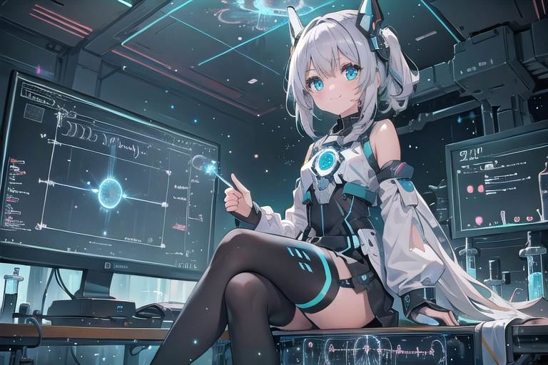(masterpiece), (science fiction:1.4), 1girl, sitting, smile, silver hair, aqua eyes, headgear, long sleeves, detached sleeves, glowing energy clothing, light particles