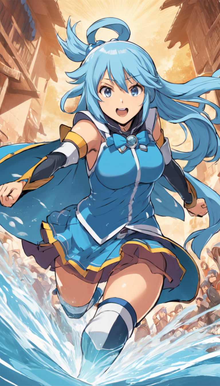 comic Cinematic scene, hero view, Aqua, Konosuba <lora:aqua_xl_v1:1>, action pose, detailed background, masterpiece, best quality, high quality, highres, absurdres  . graphic illustration, comic art, graphic novel art, vibrant, highly detailed