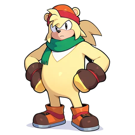 <lora:Bark_the_Polarbear_Sonic_the_Hedgehog_-_Illustrious:1> Bark the Polar bear, 1boy, green scarf, orange beanie, mittens, shoes, looking at viewer, hands on own hips, full body, white background, masterpiece, masterwork