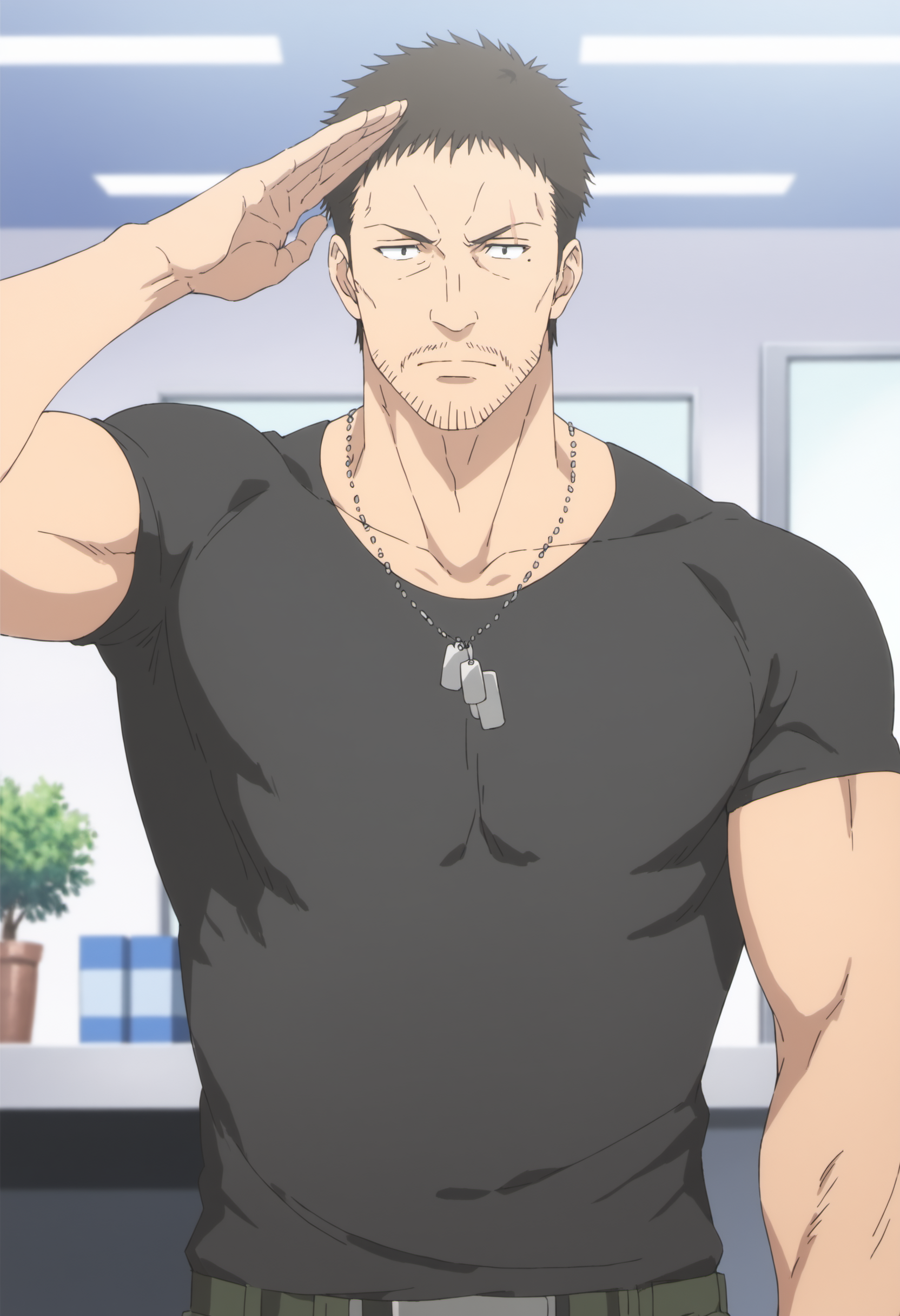 1boy, wolfgangcaptain_80000, black hair, veiny arms, tight black shirt, black eyes, dog tag, stubble, mole under eyes, scar over eyebrow, score_8_up, score_7_up, score_6_up, score_9_up, muscle, stocky body, big muscular,  big arms, mddle-age man, , a man at in office,  centered, looking at viewer, face_focus, detailed eyes, 8k uhd, high quality, anime color, standing, arms behind, front view, salute, hand on head, ((straight-on))