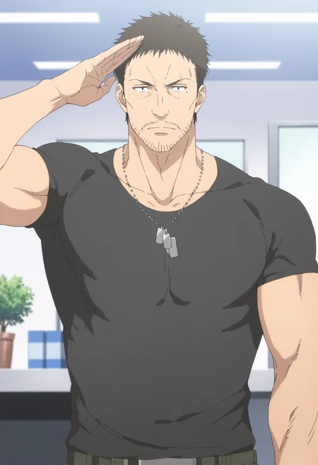 1boy, wolfgangcaptain_80000, black hair, veiny arms, tight black shirt, black eyes, dog tag, stubble, mole under eyes, scar over eyebrow, score_8_up, score_7_up, score_6_up, score_9_up, muscle, stocky body, big muscular,  big arms, mddle-age man, , a man at in office,  centered, looking at viewer, face_focus, detailed eyes, 8k uhd, high quality, anime color, standing, arms behind, front view, salute, hand on head, ((straight-on))