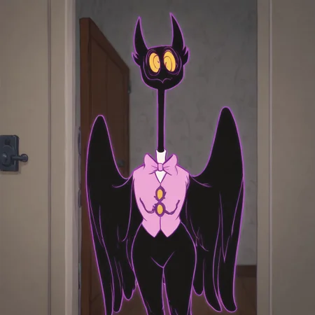 score_9, score_8_up, score_7_up, indoors, long dark hallway, doors, wall BREAK, Barnaby, owl, extremely  pink bow, wings, black body, purple glowing outline, pink bow tie, pink vest, white collared shirt, cuffed sleeves, long neck, bendable neck, anthropomorphic, solo, bowing, greeting the viewer, thick thighs, bottomheavy, wide hips,