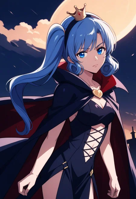 score_9, score_8_up, score_7_up, source_anime, ARSENE, ARSENE PHANTOM THIEF, 1girl, solo, long hair, blue eyes, blue hair, hairband, sky, cape, side ponytail, mask, night, crown