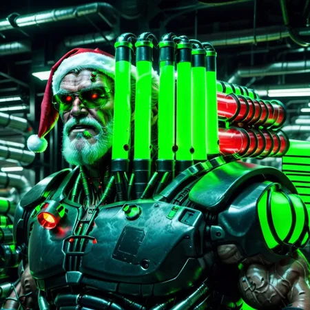 raw photo,cinematic shot,realistic,cybermutant terminator santa claus with glowing red and green tubes in an industrial facility