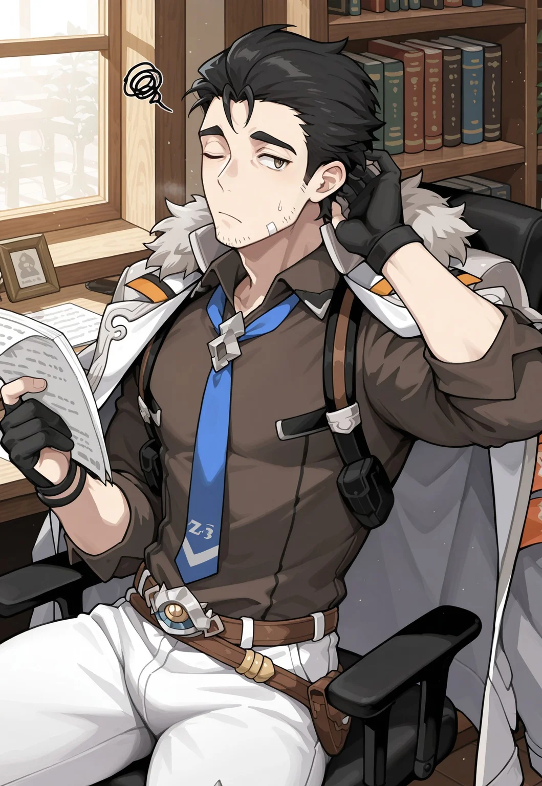 masterpiece, best quality, newest, extreme detail description, amazing quality, 1boy, solo, z3kh3l_wf, brown eyes, black hair, stubble, fur-trimmed coat, coat on shoulders, collared shirt, brown shirt, blue necktie, partially fingerless gloves, white pants, belt, one eye closed one eye open, sweatdrop, scratching head, squiggle, holding paper:1.3, sitting on chair, desk, bookshelf, light filtering through the window, office background, from above