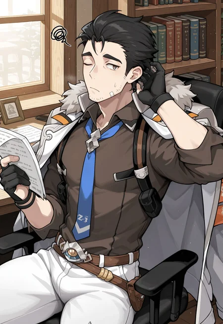 masterpiece, best quality, newest, extreme detail description, amazing quality, 1boy, solo, z3kh3l_wf, brown eyes, black hair, stubble, fur-trimmed coat, coat on shoulders, collared shirt, brown shirt, blue necktie, partially fingerless gloves, white pants, belt, one eye closed one eye open, sweatdrop, scratching head, squiggle, holding paper:1.3, sitting on chair, desk, bookshelf, light filtering through the window, office background, from above