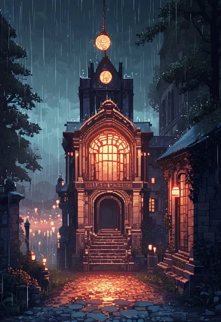 score_9, score_8_up, score_7_up,soft shadows, dark,night,cloudy, rain,storm, heavy rain, heavy-rain BREAK
no humans, mansion, trees, lights inside building, lanterns, beautiful lawn, fountains in front of building, brick walls, wet, wet ground, pixel art, 64bits
<lora:Pony_DetailV2.0:1.0> <lora:Rain (pony) v1:1>