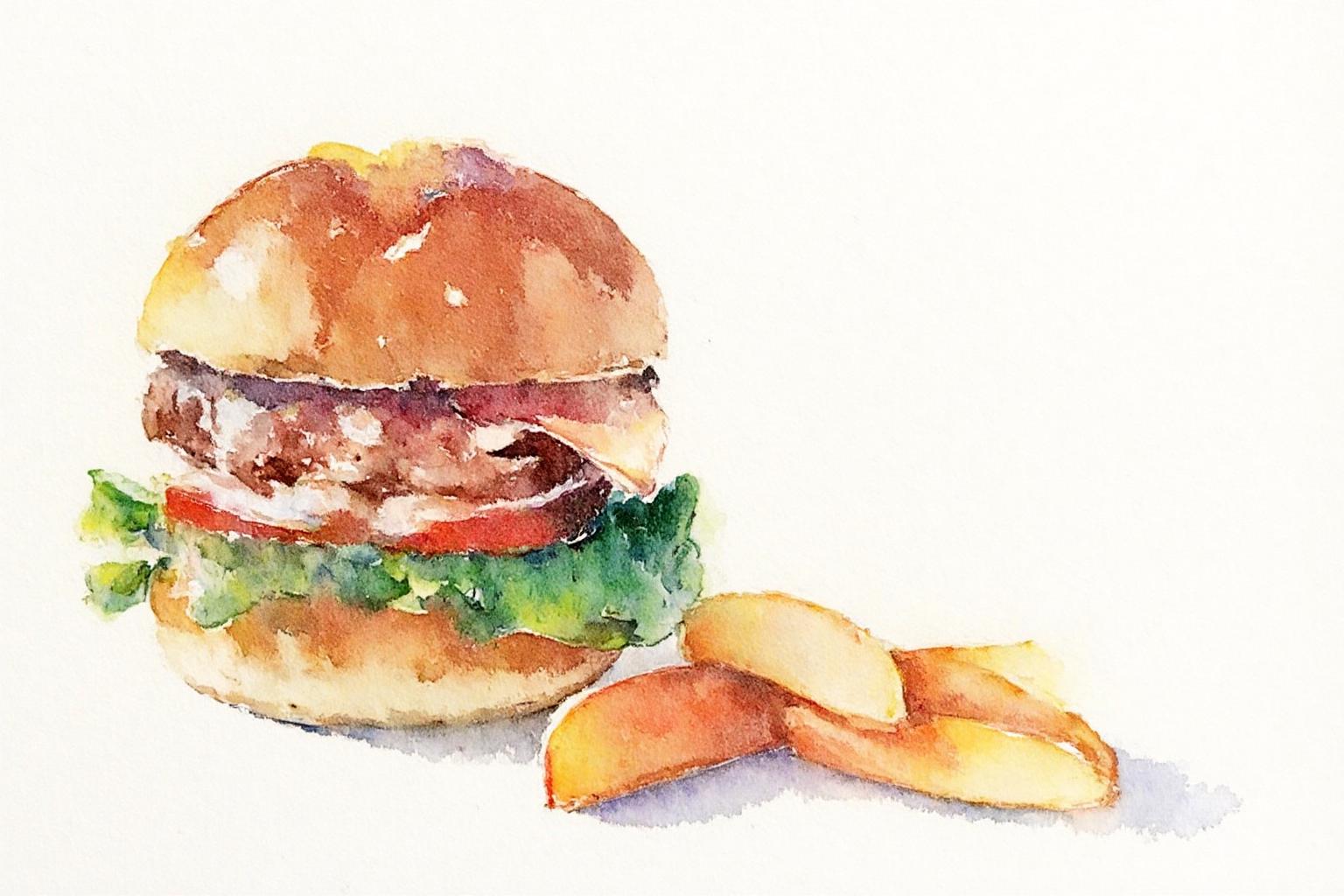 watercolor. 
A burger and fries. The burger, positioned slightly to the left and centered, has a golden-brown bun, a layer of creamy sauce, a slice of tomato, lettuce, and a burger patty.
 <lora:watercolor1_nbm_cap_d6a3e12:1.0><lora:838774978246646988:0>