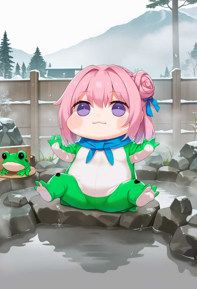 score_9,score_8_up,score_7_up,source_anime,1girl,facing viewer,spread legs,full body,<lora:0642 frog animal costume_v1_pony:1.2>,ruanyi0642,animal costume,blue scarf,frog,<lora:0653 Open-air hot spring_pony:0.8>,ruanyi0653,onsen,fence,rock,water,fog,<lora:Doro_X_PDXL_V1:0.7>,doro,creature,:3,chibi,pink hair,purple eyes,hair bun,hair bow,no humans,white skin,solid circle eyes,no pupils,