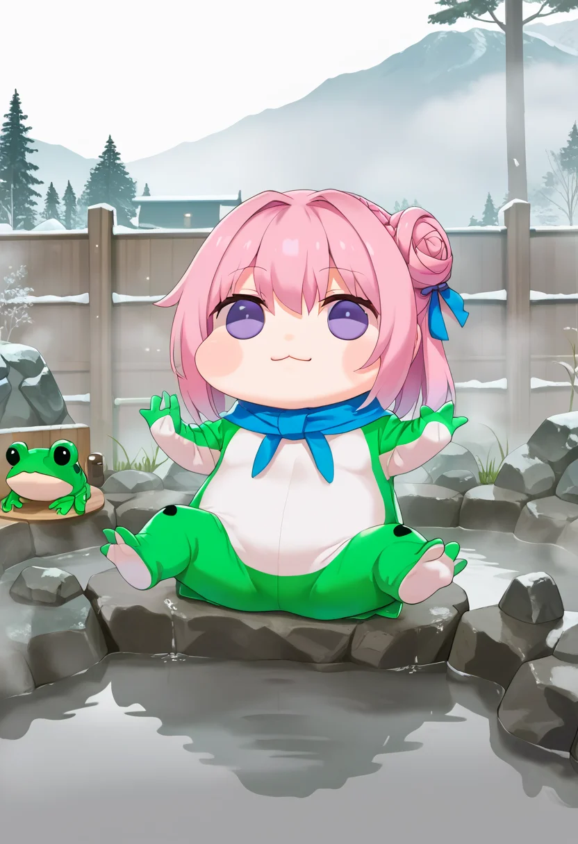 score_9,score_8_up,score_7_up,source_anime,1girl,facing viewer,spread legs,full body,<lora:0642 frog animal costume_v1_pony:1.2>,ruanyi0642,animal costume,blue scarf,frog,<lora:0653 Open-air hot spring_pony:0.8>,ruanyi0653,onsen,fence,rock,water,fog,<lora:Doro_X_PDXL_V1:0.7>,doro,creature,:3,chibi,pink hair,purple eyes,hair bun,hair bow,no humans,white skin,solid circle eyes,no pupils,