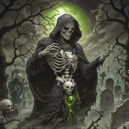 ArsMJStyle, dnddarkestfantasy, <lora:DnD_Darkest_Fantasy_Party:1.2>, <lora:add-detail-xl:1.2>, Necromancer's Midnight Ritual, The artwork shows a hooded figure performing a dark ritual in a moonlit graveyard. Skeletal hands burst from the earth, green necromantic energy swirling around them. Ancient tombstones and gnarled trees frame the scene. A demon's face is vaguely visible in the clouds., no humans, necromancy, graveyard, skeleton, magic, moonlight, tombstones, demon, dark ritual, fantasy, undead, eerie