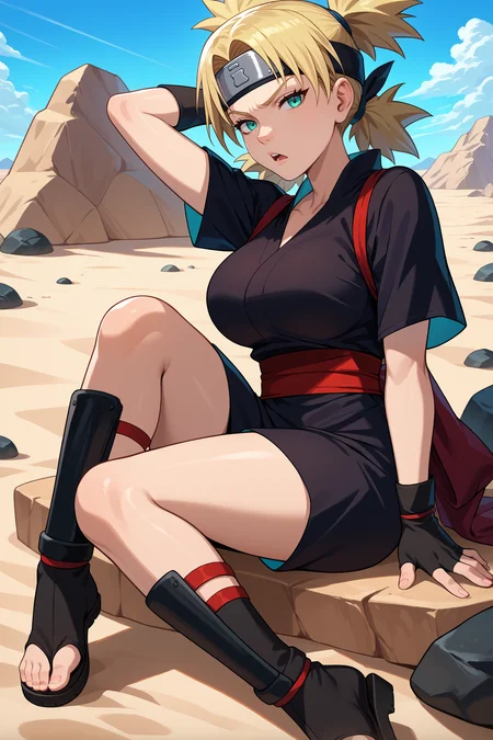 score_9, score_8_up, score_7_up, score_6_up, source_anime, 1girl, solo, <lora:temari-pdxl-nvwls-v1-000007:1> tmri, blonde hair, short hair, cyan eyes, forehead protector, black kimono, short sleeves, red sash, black gloves, fingerless gloves, large breasts, looking at you, sandals, toeless footwear, sitting, open mouth, annoyed, arm behind head, bored, rock, desert, blue sky, sand, from side