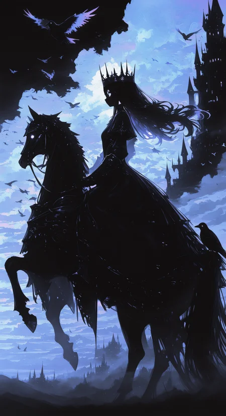 masterpiece, best quality, good quality, newest, highres, absurdres, 15546+456868,
1girl, solo, long hair, dress, outdoors, sky, cloud, black dress, armor, from side, bird, animal, cloudy sky, helmet, crown, riding, horse, castle, crow, fog, horseback riding, flock, limited palette, glowing, psychedelic, black theme <lora:illustriousXL_stabilizer_v1.23:0.3> <lora:NOOB_vp1_detailer_by_volnovik_v1:0.3> <lora:ponyv6_noobE11_2_adamW-000017:0.7> <lora:USNR_STYLE_XL_lokr:0.45> <lora:114558v4df2fsdf5:1> <lora:XXX667:0.85>