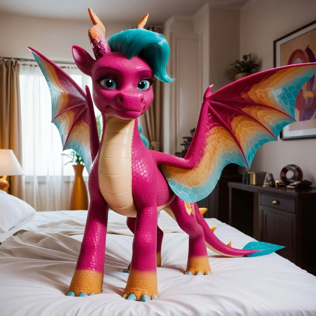 score_9, score_8_up, score_7_up, score_6_up, score_5_up, score_4_up, masterpiece, high quality, realistic, detailed, best quality, white bed, solo, rating_safe, source_pony, bedroom, smiling, seductive, looking at viewer, standing up, next to bed, blaize_skysong, dragon, pink scales, wings, horns, green hair, tail, female, 1girl, green eyes, feral