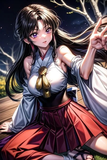 masterpiece, best quality 1girl Setsun4 solo long hair, (night time) forest background black hair very long hair purple eyes multicolored hair armor (fur trim) (medium body),<lora:EMS-179-EMS:0.800000>,<lora:EMS-293862-EMS:0.800000>ascot, bare shoulders, black footwear, detached sleeves, embellished costume, frills, japanese clothes, nontraditional miko, red skirt, sandals, sarashi, skirt, socks, armor, miko