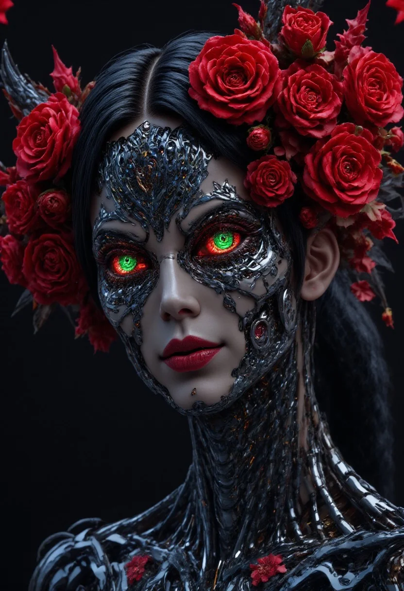 close up of the face of a dark witch demonic beauty hybrid made entirely of visually stunning (black, white and red roses:1.5) synthetic with beautiful cybernetic ambient bio luminescence all over her face painted for Los Dias De Los Muertos, bionic glow covers her beautiful face and skin, painted highlights with her sexy female body scantily covered, day of the dead, pixar style, friendly but fierce face, deep enchanted land of the dead and dreams, moonlight, beautiful lighting, Dynamic, Stylish, Intricate, Expertly crafted, Ambient Lighting, reflection shot,