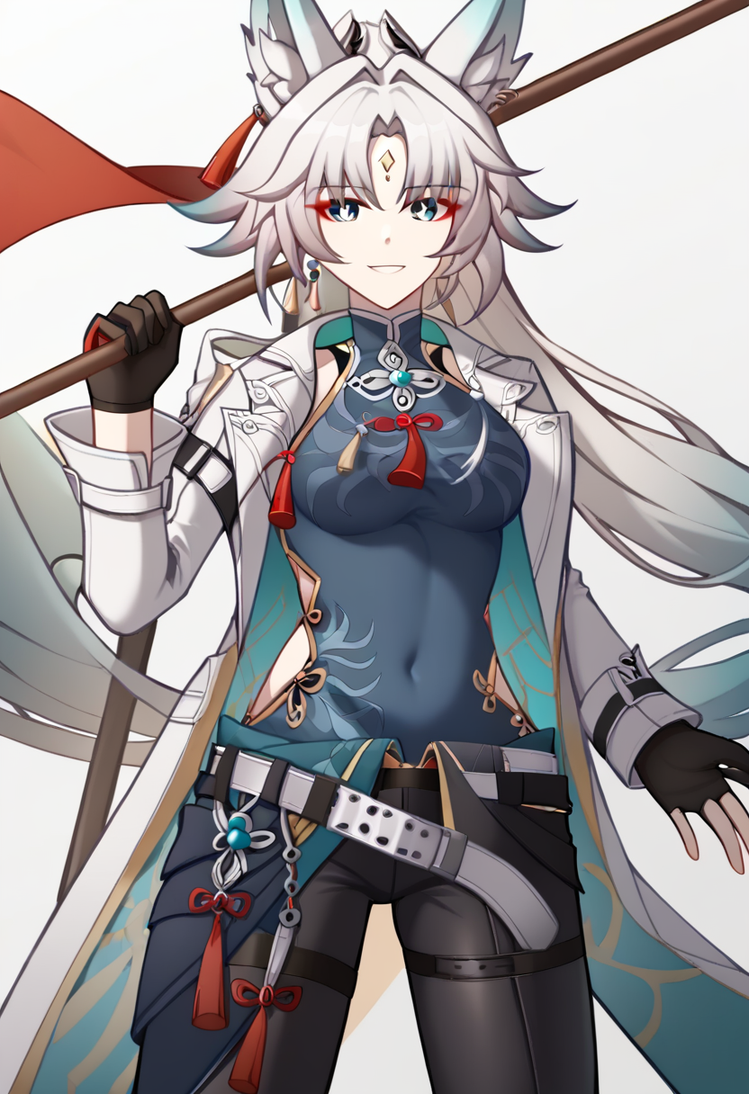 <lora:feixiao:1>,leotard,cowboy_shot,smile,open_coat,polearm,white_coat,gloves,covered_navel,earrings,1girl,looking_at_viewer,white_background,solo,medium_breasts,holding_flag,belt,pants,feixiao_(honkai:_star_rail),