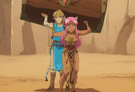 Pink_DragonPink, 1girl, sleeveless dress, white tiger print dress, pelvic curtain, cleavage, white tiger tail, red sash, small breasts, leather shoes, masterpiece, very aesthetic, smiling wide, <lora:pink-illustrious:1>,
Break
1boy,Anime screencap,link (zelda),blonde hair,blue eyes,pointy ears, low ponytail, sidelocks, wearing blue hyilian tunic,
Break
Hyrule dungeon interior, super_strength, pink_dragonpink holding an ornate treasure chest, over head, hands up, over her head like an item
