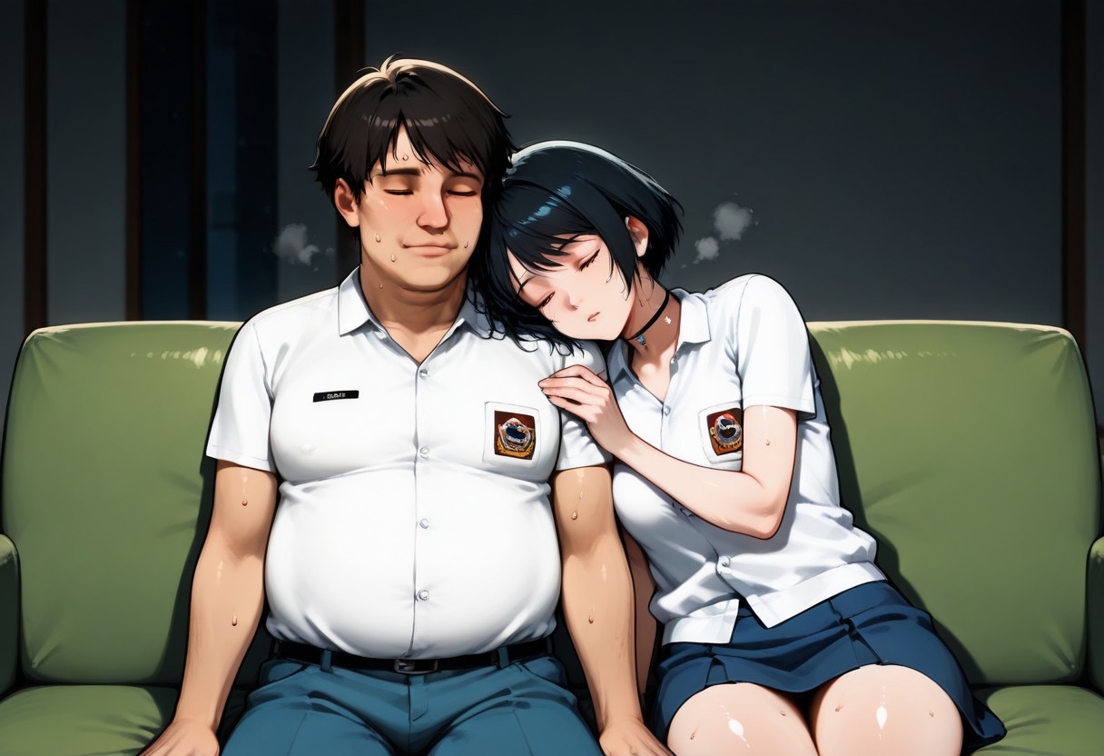 score_9, score_8_up, score_7_up, source_anime, masterpiece, high quality, best quality, highly detailed, insanely detailed, very aesthetic, absurdres, 1girl, 1guy, hetero, indoors, living room, sofa, at night, hot temperature, sultry room, depth of field, fallen asleep, wholesome,
BREAK, 
 1GIRL, LindawaifuIL, black hair, short hair, bob cut, brown eyes, choker, white shirt, collared shirt, emblem, short sleeves, blue skirt, (shiny skin, sweat), five fingers, sleeping, light smile, exhausted, tired, swelter, feeling hot, very sweaty skin, dripping sweat, sweating, steaming body, hugging, sitting on sofa,
BREAK, 
 1GUY, random guy, fat man, ugly man, white shirt, collared shirt, emblem, short sleeves, blue pants, sleeping, arm around another, sitting beside girl,