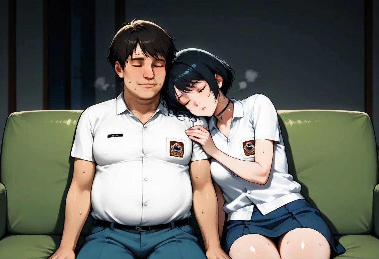 score_9, score_8_up, score_7_up, source_anime, masterpiece, high quality, best quality, highly detailed, insanely detailed, very aesthetic, absurdres, 1girl, 1guy, hetero, indoors, living room, sofa, at night, hot temperature, sultry room, depth of field, fallen asleep, wholesome,
BREAK,
1GIRL, LindawaifuIL, black hair, short hair, bob cut, brown eyes, choker, white shirt, collared shirt, emblem, short sleeves, blue skirt, (shiny skin, sweat), five fingers, sleeping, light smile, exhausted, tired, swelter, feeling hot, very sweaty skin, dripping sweat, sweating, steaming body, hugging, sitting on sofa,
BREAK,
1GUY, random guy, fat man, ugly man, white shirt, collared shirt, emblem, short sleeves, blue pants, sleeping, arm around another, sitting beside girl,