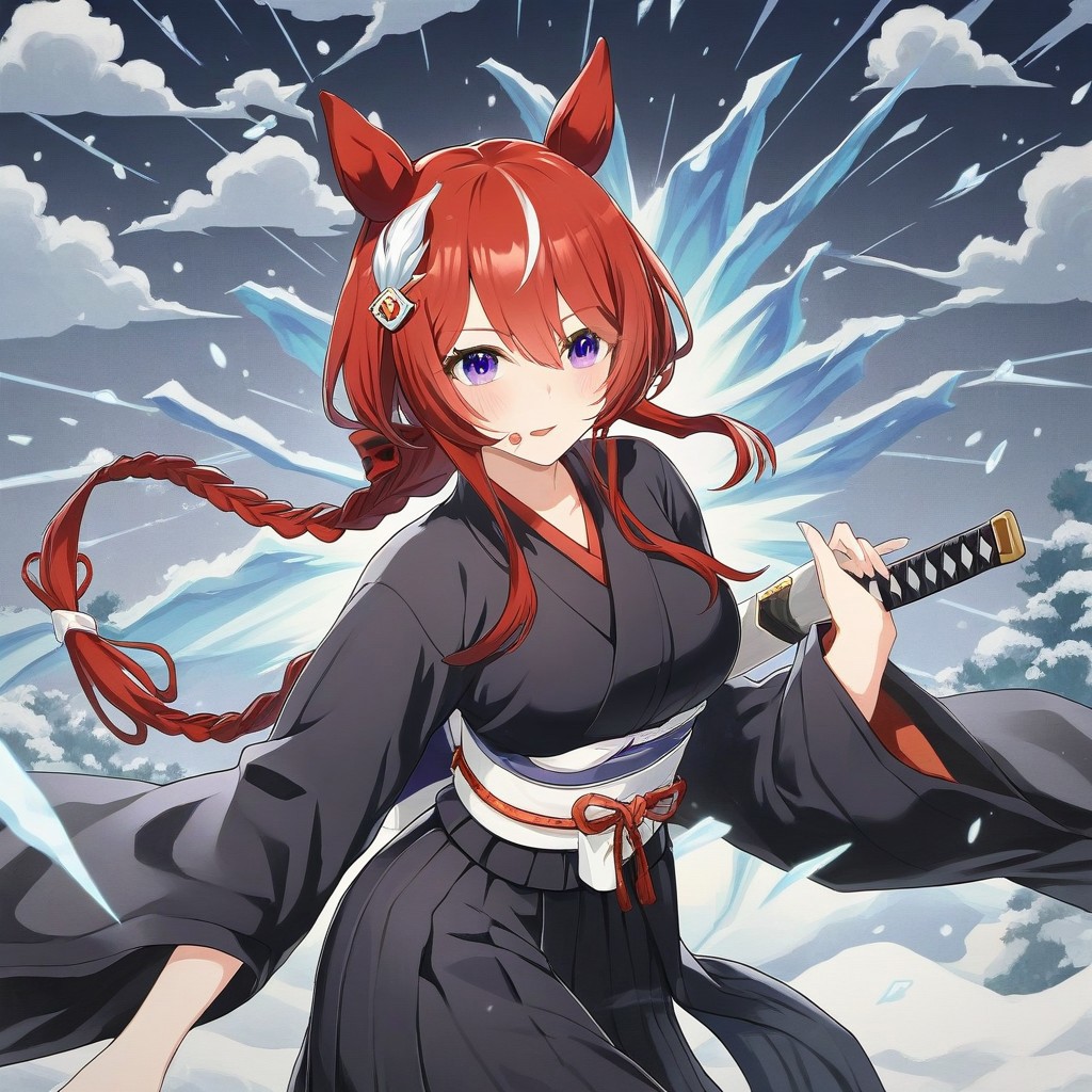 score_9,score_8_up,score_7_up,score_6_up,win variation \(umamusume\),1girl, source_bleach,purple_eyes,curvy,source_anime,glowing eyes,Sinoink,long braid,short hair,symmetrical,(bleach, solo, japanese clothes, black kimonoblack kimono shirt),white sash, (katana),tongue,blush_stickers,frown,glowing white aura,snowflakes, ice,masterpiece,best quality,newest,absurdres,best shadow,Sinoink
highly detailed background,detailed skin,very detailed clothes, (power_lines),(speed_lines),(emphasis_lines),(notice_lines),HD, <lora:add-detail-xl:1.5>