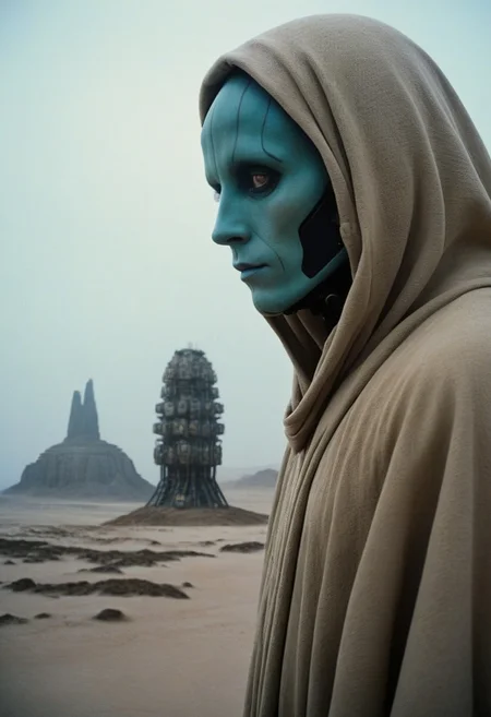 Colour film 35mm 1976, rule of thirds, right, down, monster:0.5 (close-up, portrait of bizarre robotic organism in robe, dark dystopian desert landscape), a giant futuristic building in rock city in the background, liminal space, fog