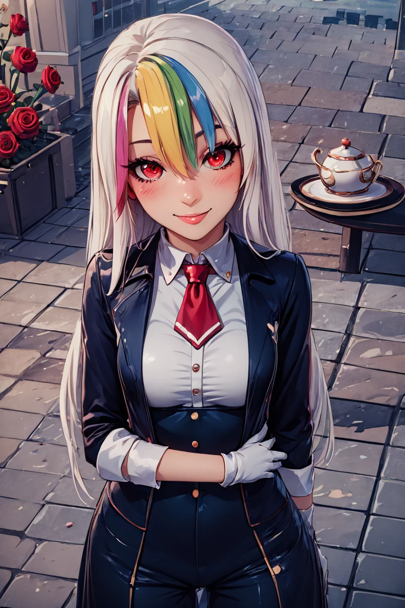 score_9, score_8_up, score_8, medium breasts, (curvy), cute, eyelashes,       BREAK, , <lora:RoxyCitronOCPDXL_v2:0.8>,  Roxy_Citron_OC,  1girl, solo, red eyes, white hair, rainbow hair, long hair, streaked hair, hair between eyes, ,  butler, white gloves, smile, looking at viewer, red necktie, teapot, teacup, black pants, formal, black jacket, white shirt, blonde hair, outdoors, collared shirt, blush, long sleeves, standing, holding, tray, closed mouth, day, red rose, pant suit, vest, towel, dress shirt, chair ,, BREAK,  (ultra realistic,32k, masterpiece:1.2),(high detailed skin:1.1),( high quality:1.1), curvy, head tilt, hearts, blush, lips, curvy, head tilt, shiny clothes, (upper body), looking at viewer, bokeh, luminescent background,  embedding:zPDXL, Expressiveh,  <lora:RlAnmPDXL:1.0>,
