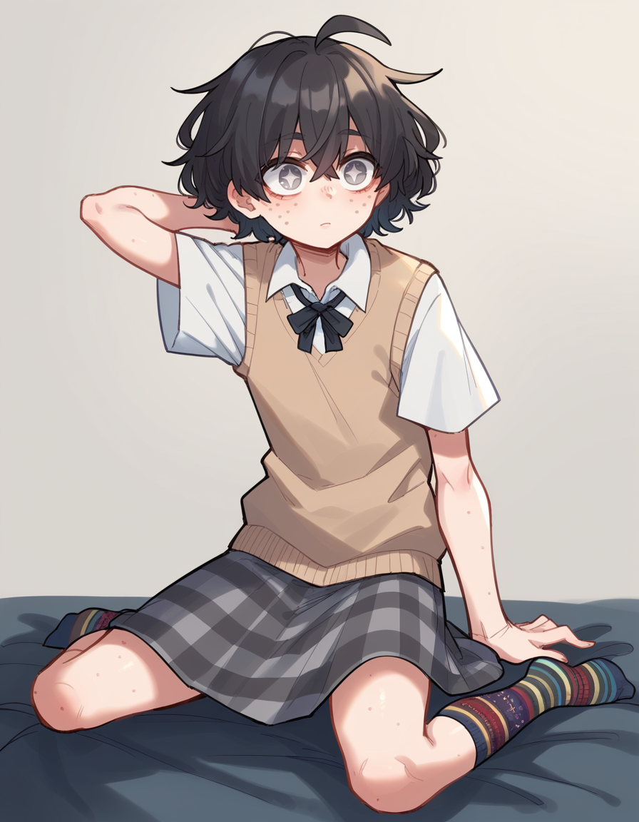 score_9, score_8_up, score_7_up, score_6_up, score_5_up, score_4_up, solo, 1girl, solo,
<lora:Popoka_v3:0.8> ppka, blind girl \(popopoka\), black hair, short hair, messy hair, ahoge, freckles, grey eyes, empty eyes, blind, white shirt, beige sweater vest, plaid skirt, grey skirt, odd socks, different socks, ,
sparkling eyes, arm_behind_head,