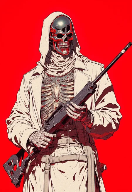 This is a hyper-realistic, detailed digital drawing of a chrome silver skeleton with a subtle red tint, inspired by cyberpunk aesthetics, positioned centrally in a midshot against a solid red background that heightens the dramatic intensity. The skeleton's metallic skull and bones gleam with intricate reflections, the red tint infusing an otherworldly warmth into its futuristic design. Clad entirely in white, it wears a sleek leather jacket with metal accents, a high-collared shirt, and fingerless gloves, the glossy textures and detailed tailoring emphasizing its pristine, high-tech appearance. The skeleton grips an advanced futuristic rifle diagonally across its chest, its intricate design and glowing accents reinforcing its cyberpunk persona.  Dynamic lighting enhances the scene, casting sharp highlights and deep shadows that accentuate the reflective chrome surfaces, the crisp folds of the jacket, and the mechanical precision of its skeletal structure. Straps and buckles adorn the outfit, adding layers of depth and complexity, while the rifle dominates as a symbol of advanced technology and power. The solid red background creates a stark contrast with the skeleton's white attire and red-tinted chrome, amplifying the surreal and intense atmosphere. The centered composition draws the viewer’s focus, creating a balanced yet commanding visual, blending cyberpunk futurism with haunting beauty for a compelling, evocative masterpiece.