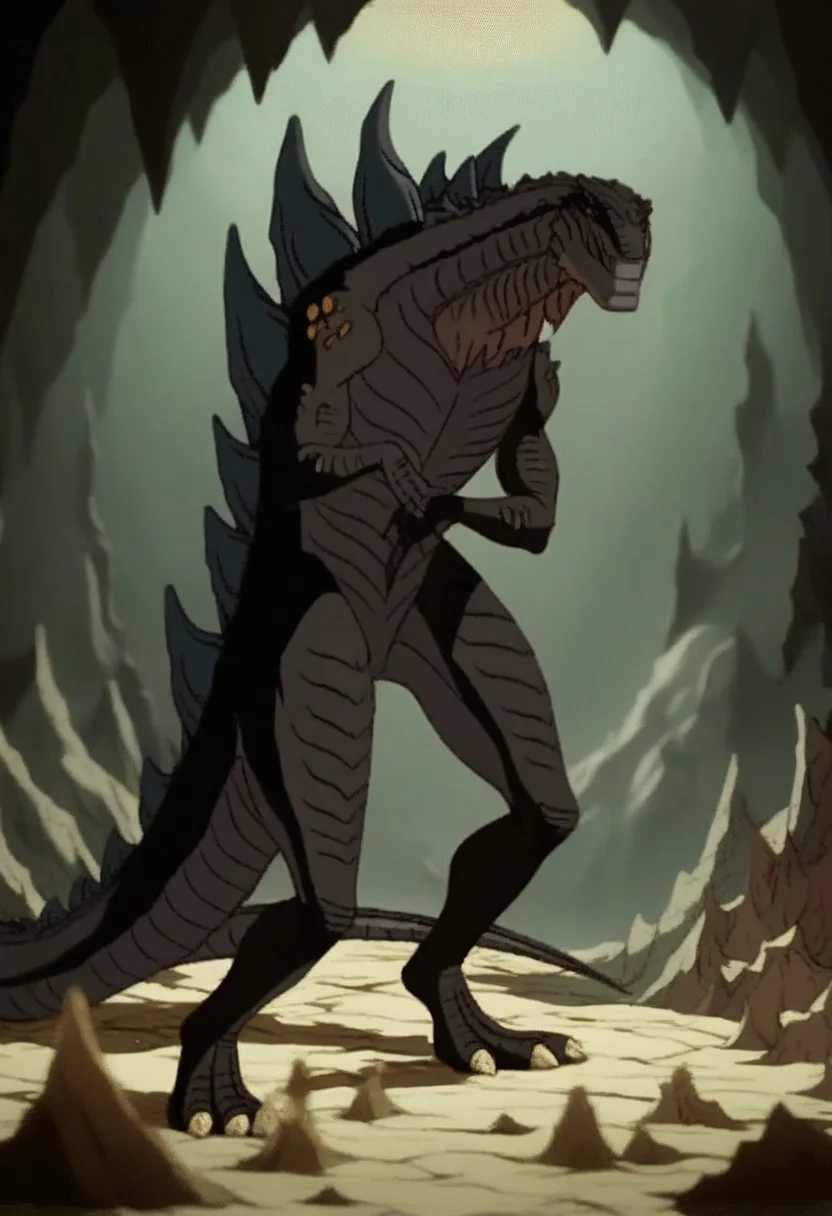 score_9, score_8_up, score_7_up, score_6_up, score_5_up, score_4_up, rating_safe, (masterpiece), (extremely intricate:1.3), (animated screencap), anime portrait of godzilla_TAS, solo, full body, sharp focus, detailed, beautiful, cave,underground, dark, looking at viewer, night