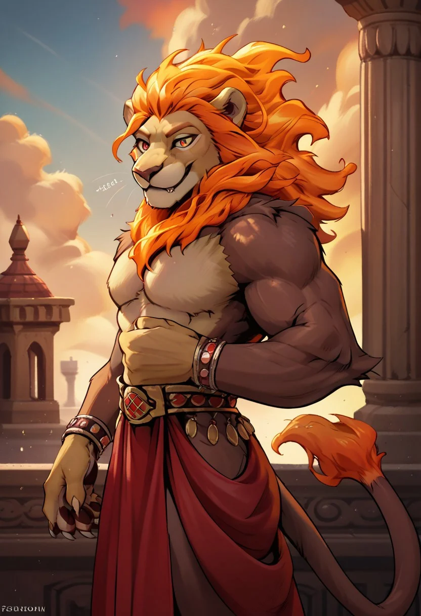 zetterburn, lion, furry, mane, brown fur, firey mane, firey hair, flame-tipped tail, male, masculine, score_9, score_8_up, score_7_up, score_6_up, score_5_up, score_4_up zPDXL, solo, light effects, (high quality:1), (realistic:1.2), good anatomy, muscular, solo, nice angle, (fullbody:1), halfbody, standing, loincloth, holding fist to chest, ancient greece, standing on balcony, looking into distance, outdoors, sun, day, sky, smile, flaming fist