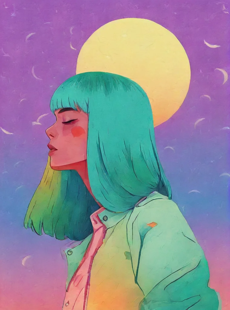 1girl, bangs, sea-green jacket, blue hair, crescent moon, evening, ginkgo leaf, gradient, gradient background, gradient sky, jacket, long hair, moon, spring-green background, violet sky, shirt, solo, sunset, twilight, upper body, white shirt, yellow background, crimson sky, malachite theme, pop surrealism , <lora:Graphic_Portrait:0.75>