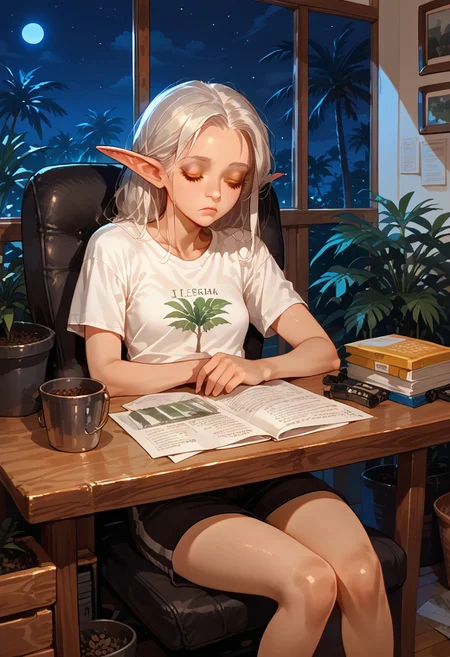 score_9, score_8_up, score_7_up, score_6_up, Frieren, elf ears, , small breasts, t-shirt, working, exhausted, night, plants, table, chair, sleeping, palms on head