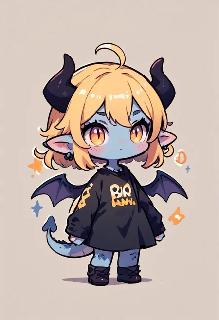 Back view, goth,  Female dragon, horns,  wings, dark blue scales, golden cloths, starts skin score_9, score_8_up, score_7_up, source_anime, solo,  cute, chibi, kawaii, 2d color, simple color,  simple shading, flat color, chibi body, Sticker , simple background, chibi art style:1.1, fca_style, super deformer