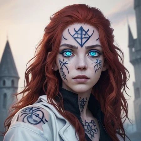 bright red hair, human female, (feminine:1.7), (beautiful face, detailed face:1.6), (beautiful eyes, detailed eyes:1.7), (looking at viewer, eye contact, intense:1.6), (long hair, red hair, curly hair:1.3), , ((masterpiece, best quality, high resolution, realistic, best quality,)), photo realistic, Perfect Face, (detailed face). <lora:GoodHands-vanilla:0.6> <lora:add-detail-xl:0.8>, mage, (Dress White military uniform coat), dagger, rune dagger, glowing runes, , (((glowing magic symbols tattoos, religious tattoos))), ((face tattoos)), glowing tattoos, stone tower in the background