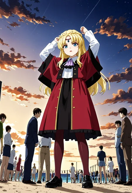<lora:Hyper-SDXL-8steps-lora:1><lora:Fixhands_anime_bdsqlsz_V1:1> zPDXL2, score_9, score_8_up, score_7_up, source_anime, intricate details, perfect anatomy BREAK, 
BREAK
outdoors, beach, ocean, audience, crowd, arms up, from below, Angry, tightened jaw, squinted eyes, and raised eyebrows., dynamic angle, 
1girl, solo <lora:GSF-aura50yo_XL(pony)v11:1> gsf-aura50yo, blonde hair, long hair, blue eyes, circlet, lipstick, makeup, gsf-aura50yo outfit, red capelet, white jacket, purple ascot, red skirt, red pantyhose, black shoes,