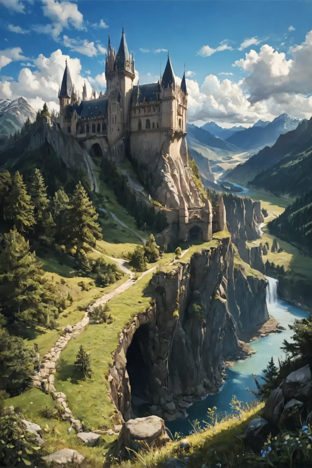 score_9, score_8_up, score_7_up, high detailed, best quality, blurry background, Depth of Field, landscapes, realistic
scenery, outdoors, mountain, no humans, castle, waterfall, tree, river, water, day, sky, nature, cloud, blue sky, rock, forest, building, tower, landscape, bridge, stream, lake, grass, mountainous horizon, fantasy
<lora:landscapes:0.4> <lora:GraphiteSketch:0.5>, cinematic angle, dynamic angle
